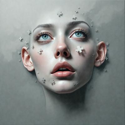 The primary subject of the image is a woman with a blue eye, who is wearing a necklace and has a star tattoo on her face. The setting is a gray background, which adds a moody atmosphere to the scene. The visual style is a combination of digital art and illustration, creating a unique and artistic representation of the woman. The colors are predominantly gray, with the blue eye and star tattoo adding a touch of color to the image.